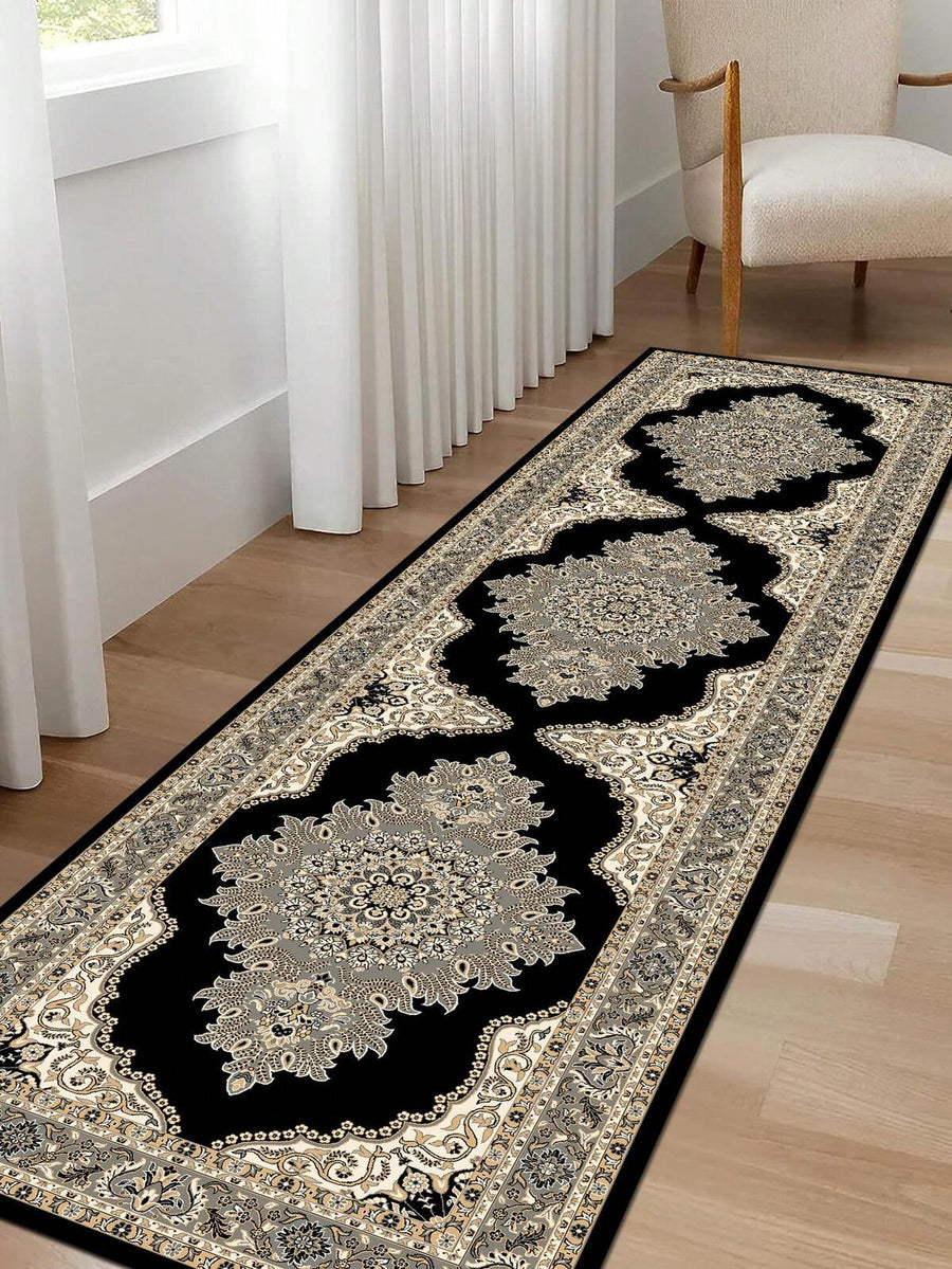 1pc Vintage Pattern Carpet, Black Palace-Style Printed Polyester Fiber Rectangular Rug, Washable & Easy To Take Care, Suitable For Hallway, Kitchen, Bedroom, Bedside, Laundry, Living Room, Home Decoration ,Room Decor
