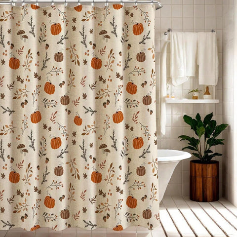 Autumn Harvest Shower Curtain, Fall Leaves Pumpkin Fruits Cozy Waterproof Bathroom Decor