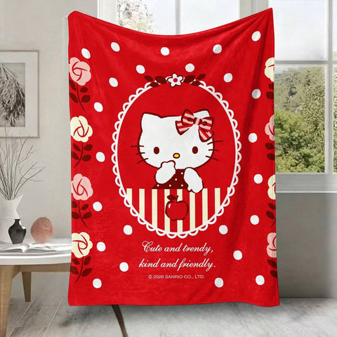Miniso Sanrio Hello Kitty Red Polka Dot Throw Blanket, Soft Cozy Plush Blanket With Floral Frame Print For Sofa Office Nap Travel
